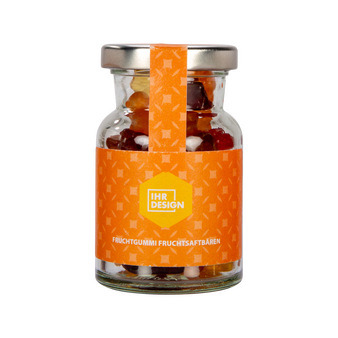 Fruchtgummi Fruchtsaftbären im Glas, farbig bedruckt, neutrales Muster