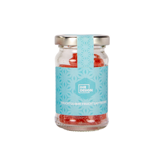 Fruchtgummi Fruchtsaftbeeren im Glas, farbig bedruckt, neutrales Muster