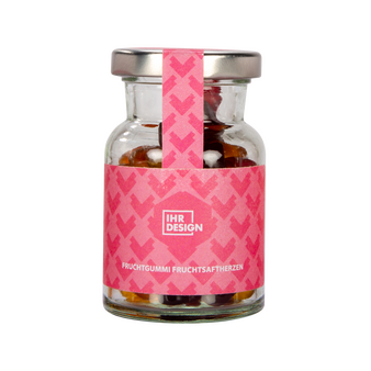 Fruchtgummi Fruchtsaftherzen im Glas, farbig bedruckt, neutrales Muster