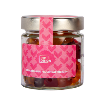 Fruchtgummi Fruchtsaftherzen im Glas, farbig bedruckt, Motiv