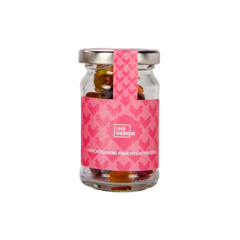 Fruchtgummi Fruchtsaftherzen im Glas, farbig bedruckt, neutrales Muster