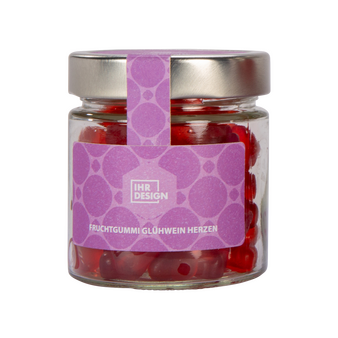 Fruchtgummi Glühwein Herzen im Glas, farbig bedruckt, Motiv