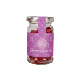 Fruchtgummi Glühwein Herzen im Glas, farbig bedruckt, neutrales Muster