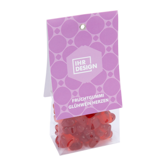 Fruchtgummi Glühwein Herzen im Folienbeutel, farbig bedruckt, Motiv