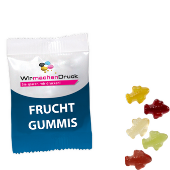 Fruchtgummi-Tütchen 10g (Form: Flugzeuge), 4/0 farbig einseitig bedruckt