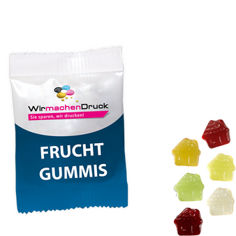 Fruchtgummi-Tütchen 10g (Form: Haus), 4/0 farbig einseitig bedruckt