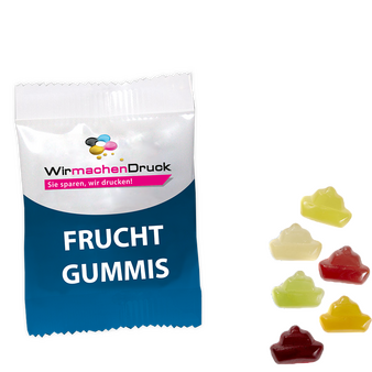 Fruchtgummi-Tütchen 10g (Form: Schiff), 4/0 farbig einseitig bedruckt