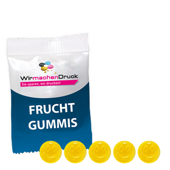 Fruchtgummi-Tütchen 10g (Form: Smiley), 4/0 farbig einseitig bedruckt