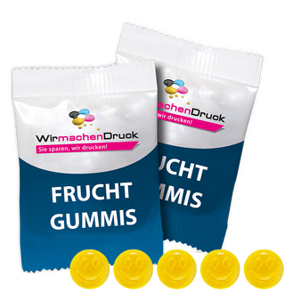 Fruchtgummi-Tütchen 10g (Form: Smiley), 4/4 farbig beidseitig bedruckt