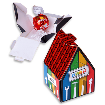 Geschenkverpackung in Hausform (4 x 4 x 3 cm) einseitig bedruckt 4/0-farbig
