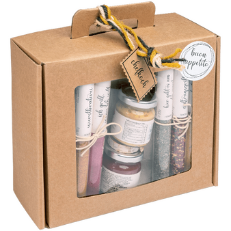Gourmetbox Gewürzexplosion Außenansicht mit Sichtfenster und Blick auf Inhalt