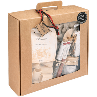 Gourmetbox Maxi Dolce Vita Außenansicht mit Sichtfenster und Blick auf Inhalt