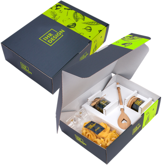 Box, farbig bedruckt, offen