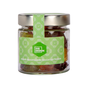 Vegane Fruchtgummi Fruchtsaftbären im Glas, farbig bedruckt, neutrales Muster