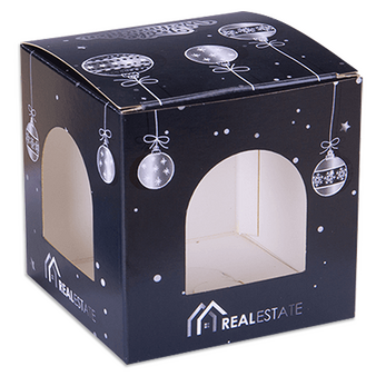 Weihnachtskugelverpackung mit gestanzten Fenster (8 x 8 x 8 cm) einseitig bedruckt 4/0-farbig