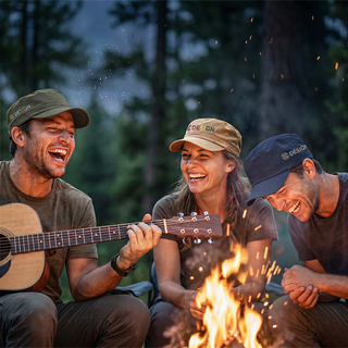 Drei Menschen mit personalisierten Army-Caps sitzen nachts am Lagerfeuer