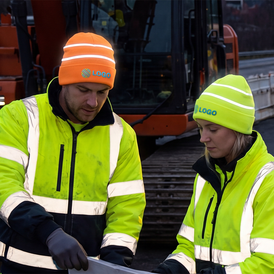 Zwei Menschen auf einer Baustelle sind dank High-Vis-Beanies und Warnschutzkleidung gut sichtbar