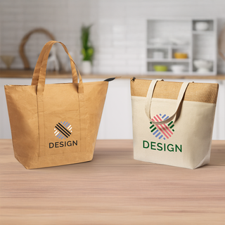 Mit Logo bedruckte Einkaufskühltaschen aus Baumwolle und laminiertem Papier in Küche