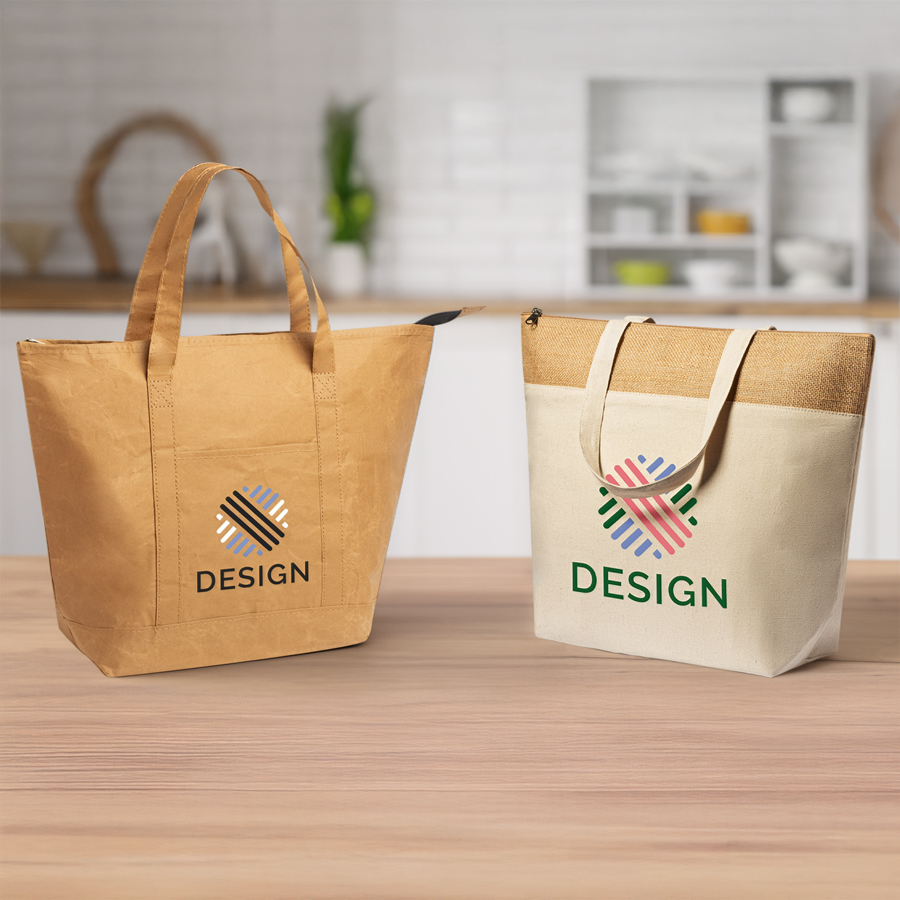 Mit Logo bedruckte Einkaufskühltaschen aus Baumwolle und laminiertem Papier in Küche