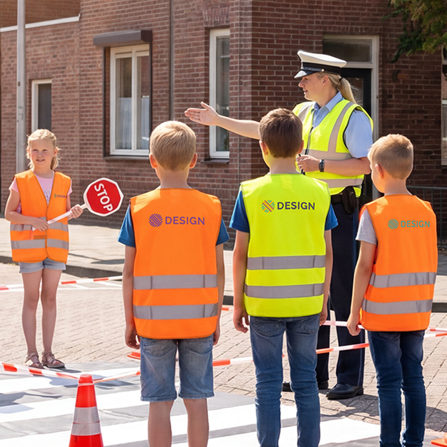 Kinder mit bedruckter Warnweste in Signalfarben an einem Zebrastreifen mit lehrender Polizistin