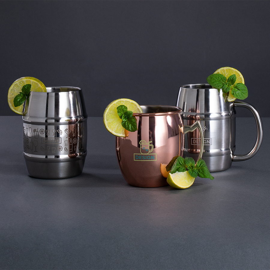 Bedruckte und gravierte Cocktail- und Mulebecher als Edelstahl sowie in Kupferoptik