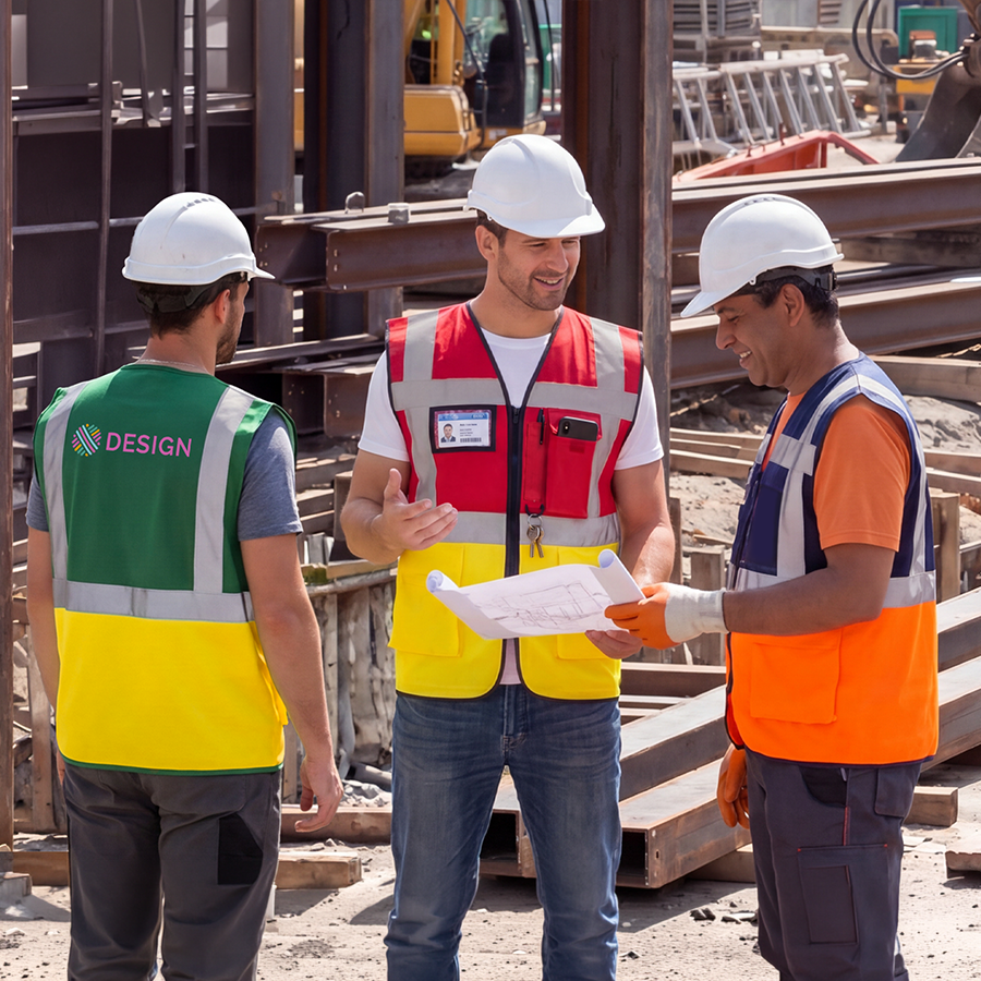 Erwachsene mit Multifunktionswarnwesten in verschiedenen Farbkombinationen auf einer Baustelle