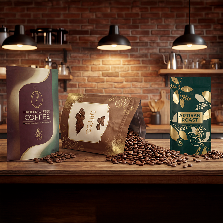 Individuell bedruckter Standbodenbeutel für Kaffee mit praktischem Aromaventil