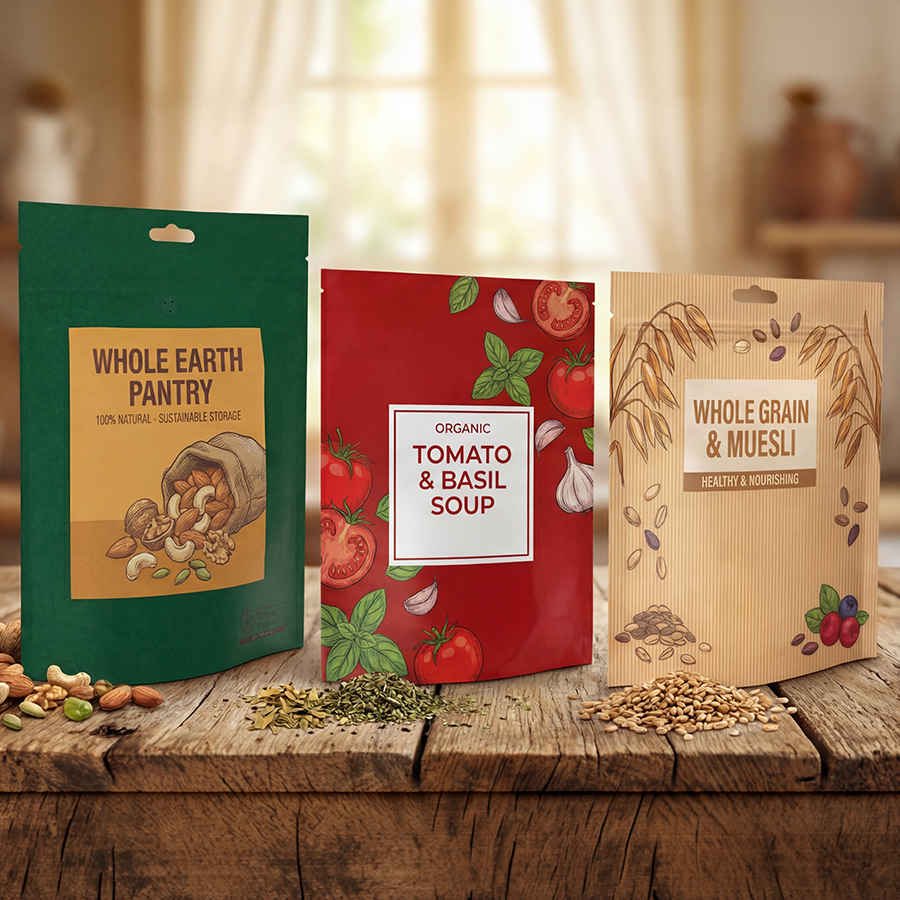 Bedruckte Standbodenbeutel für Lebensmittel mit Nüssen, Tomatensuppe und Müsli