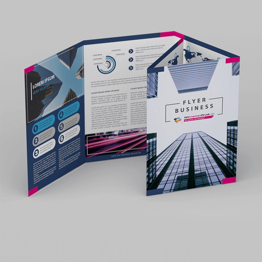 Aufgestellter 10-seitiger Wickelfalz-Flyer, beidseitig bedruckbar mit Wunschmotiv