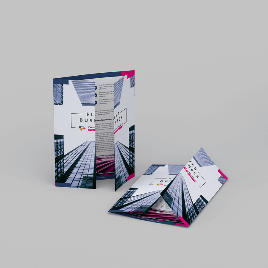 6-seitiger Fensterfalz-Flyer mit 2 Brüchen beidseitig bedruckt mit individuellem Motiv