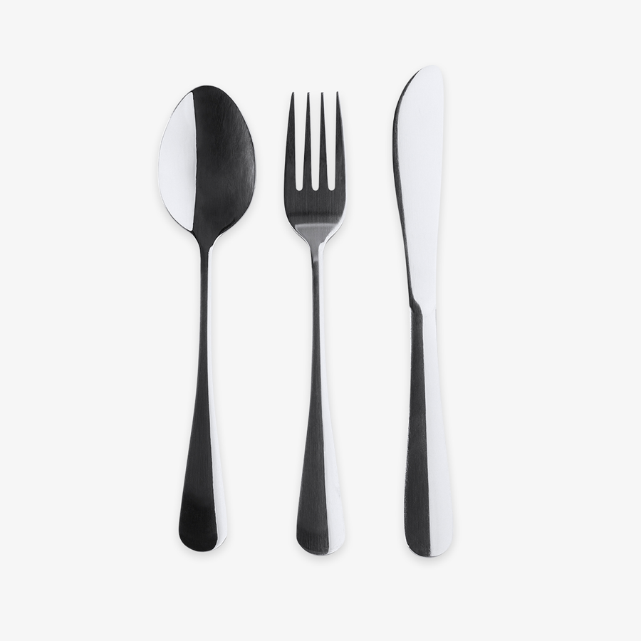 Unbedrucktes To-go-Besteckset aus Edelstahl mit Messer, Gabel und Löffel