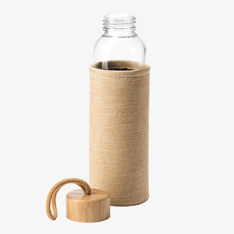 Glasflasche (500 ml) mit Stoffhülle, Bambusverschluss und Handschlaufe