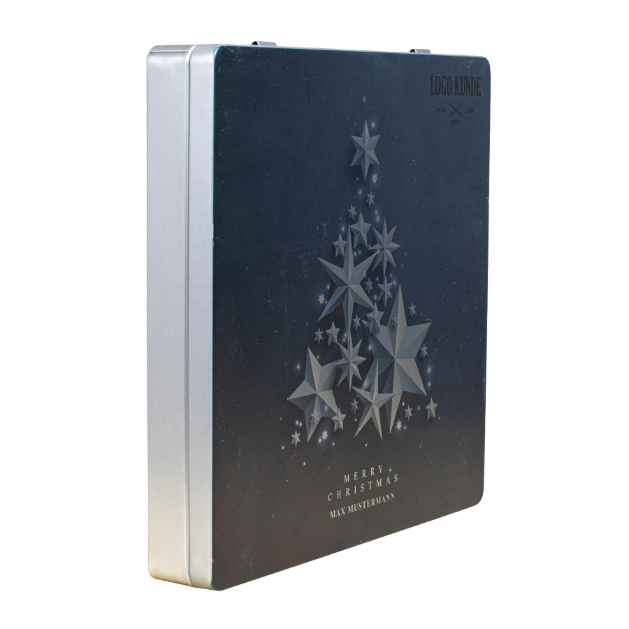 Lindt X-Mas-Box im Corporate Design auf 203 x 203 mm Druckfläche, Seitenansicht