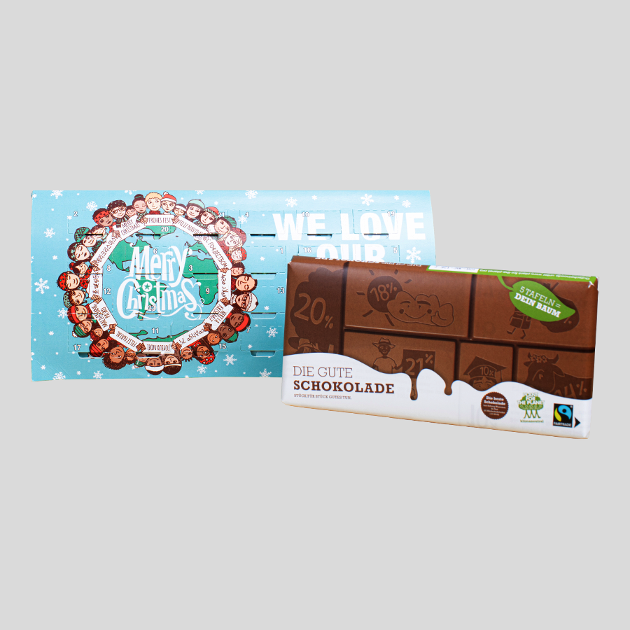 Der Gute Adventskalender der Initiative Plant-for-the-Planet, mit leckerer Vollmilchschokolade