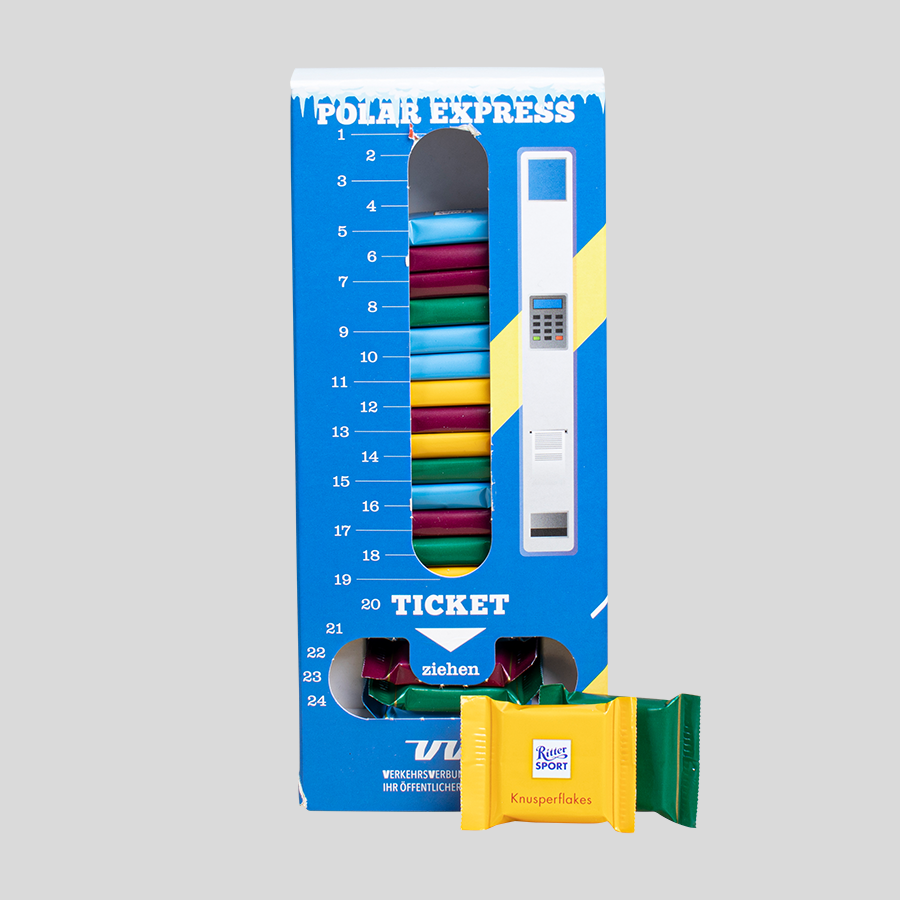 Adventskalender-Turm mit leckeren RITTER SPORT Minis, individuell bedruckt