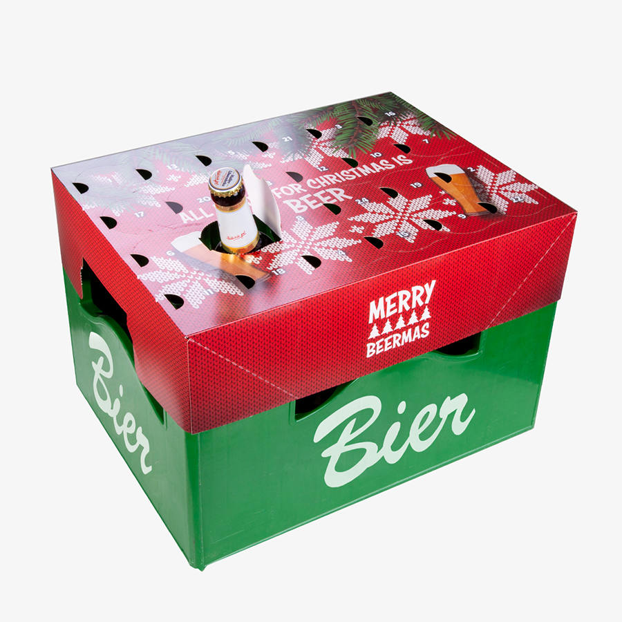 Anwendungsbeispiel Bierkasten-Adventskalender, vollfarbig bedruckbar