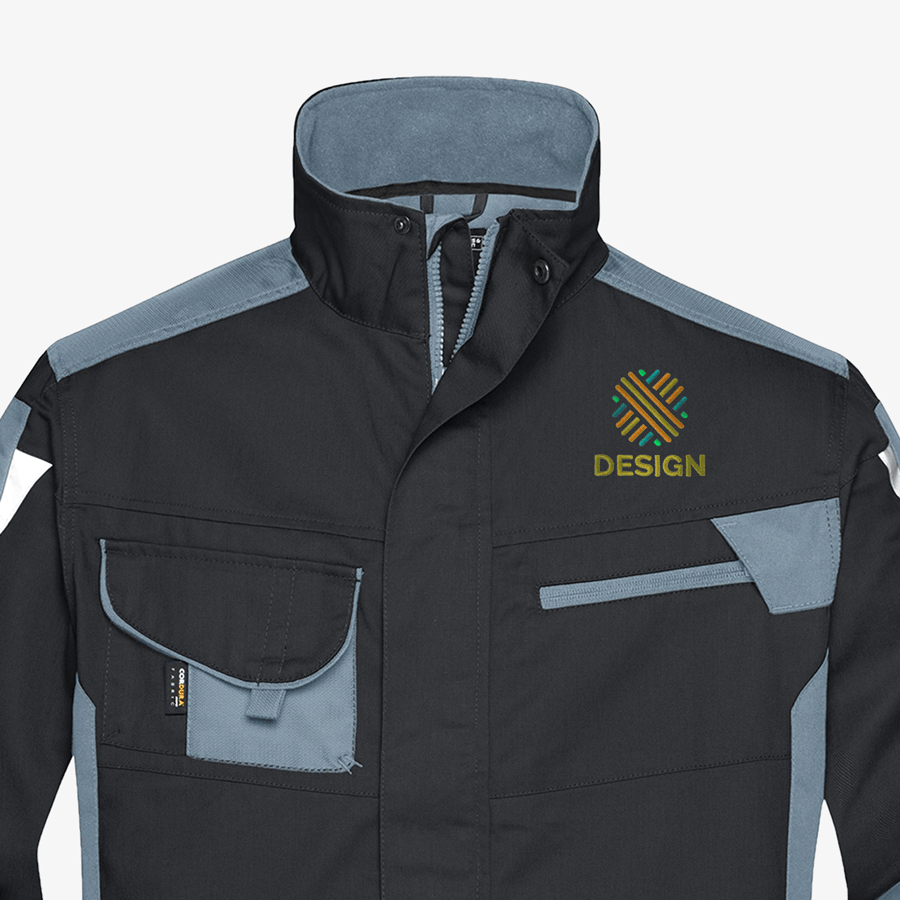 Detailansicht Premium-Arbeitsjacke mit mehrfarbiger Stickerei auf der Brust