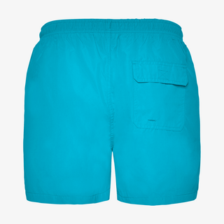 Blaue, individuell bedruckte Badehose mit Tasche, Komplettansicht der Rückseite