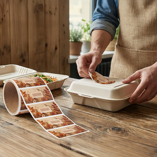 Anwendungsbeispiel von individuellen Bagasse-Etiketten auf einer Menübox