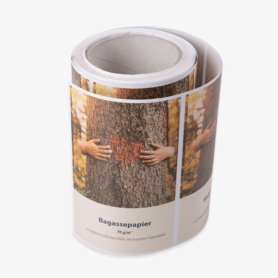 Etiketten auf Rolle aus umweltfreundlichem Bagasse, individuell bedruckt