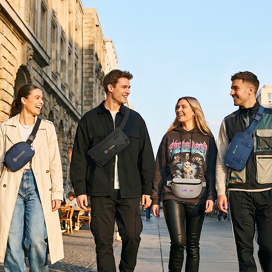 Gruppe vier junger Menschen auf einer Straße, alle tragen eine personalisierte Bauchtasche