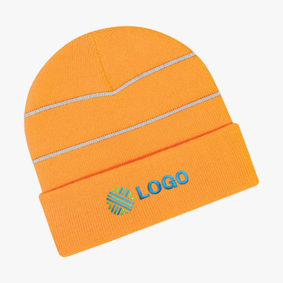 High-Vis-Beanie in Neonorange mit reflektierenden Streifen und Stickerei