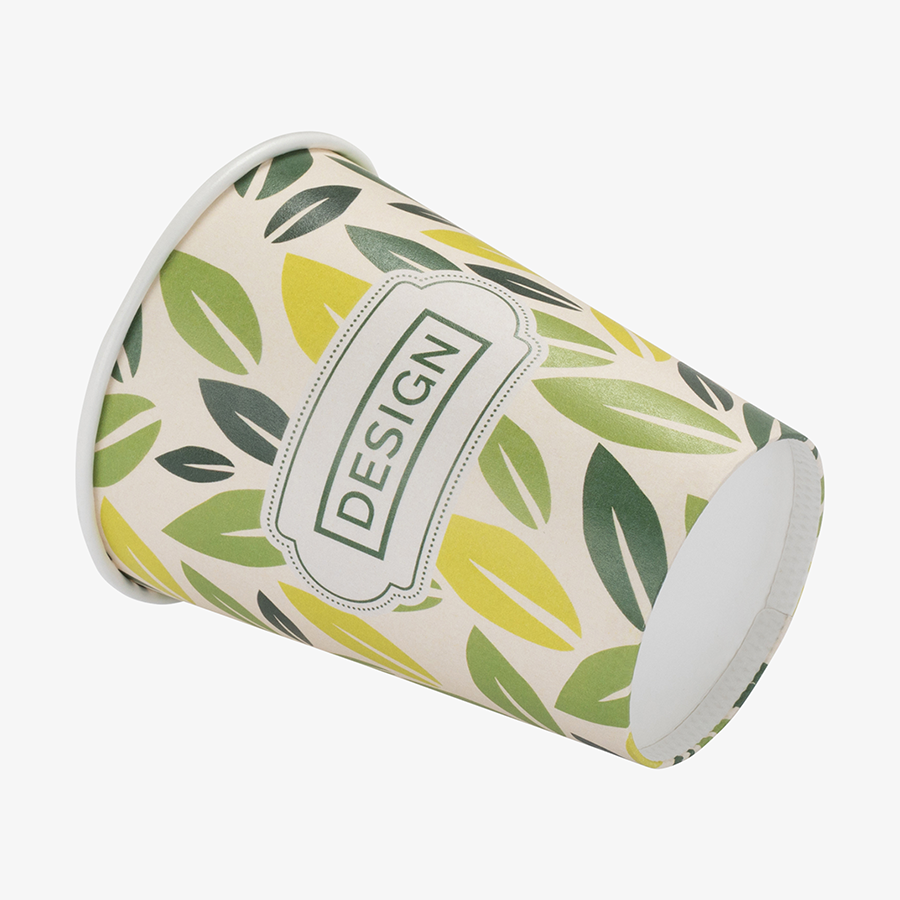 Einwandiger Bio-Pappbecher mit aufgedrucktem Eichstrich und vollfarbigem Design