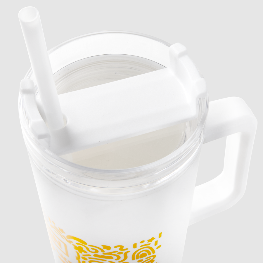 Detailansicht bedruckter XL-Thermobecher aus Kunststoff (900 ml) in Weiß