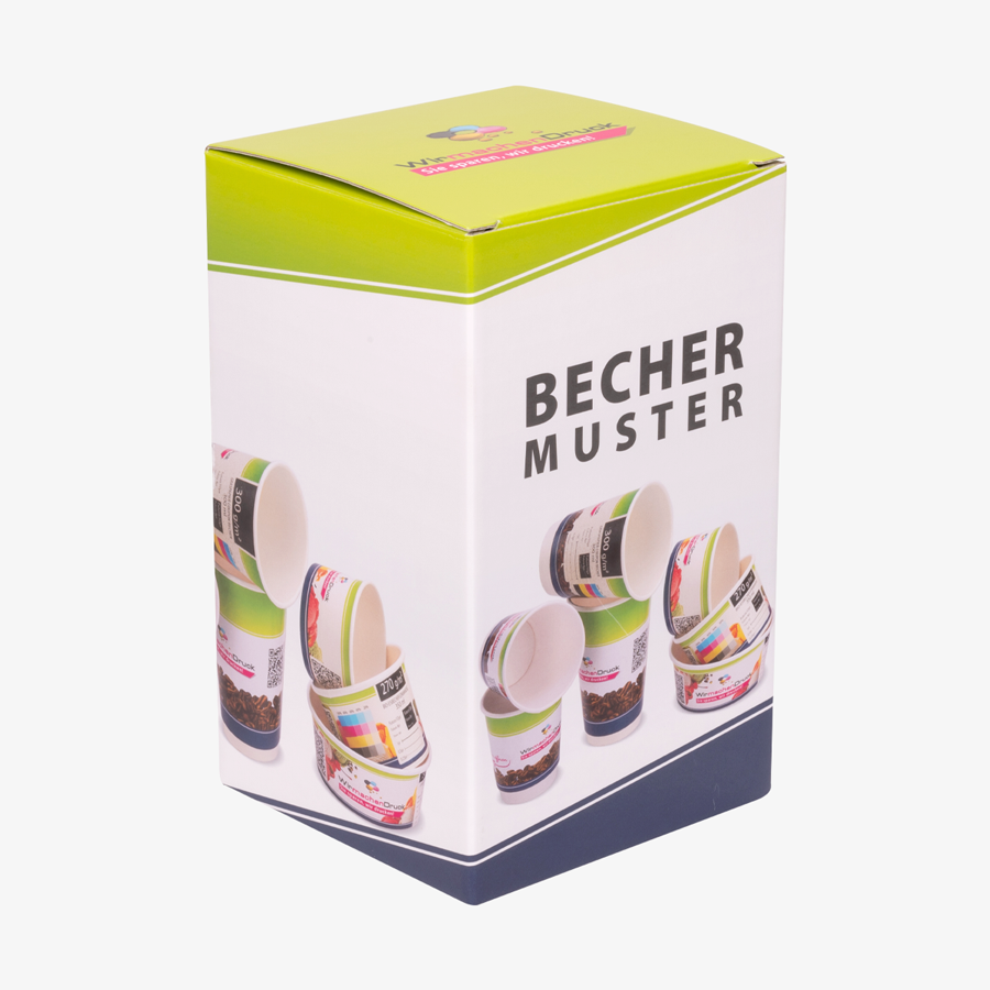 Becher-Musterset im WIRmachenDRUCK-Design mit vielen Getränkbechern und Deckeln