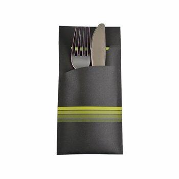 Bestecktasche unbedruckt, mit integrierter Serviette, schwarz und limettengrün