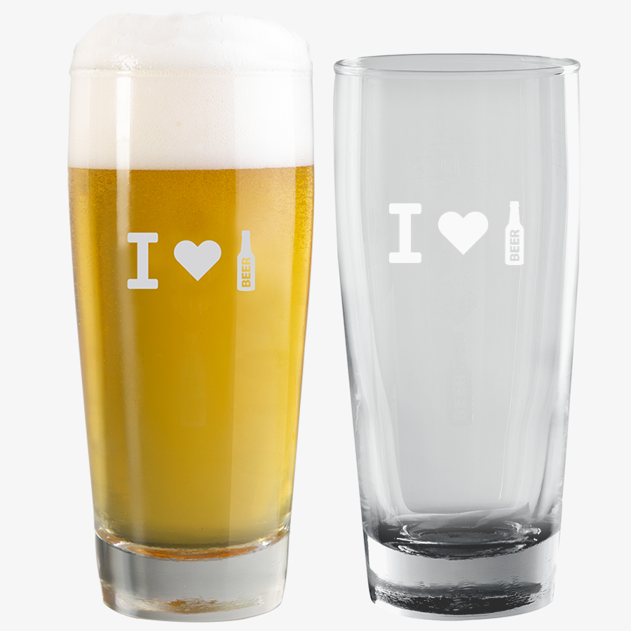 Bierglas mit Füllstrich und teilflächiger Lasergravur, einmal gefüllt, einmal leer, Frontansicht