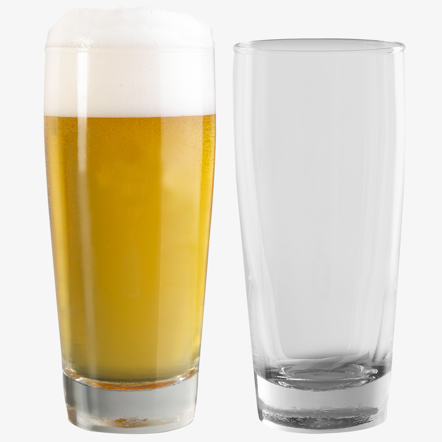 Bierglas mit Füllstrich unbedruckt, einmal gefüllt, einmal leer, Frontansicht