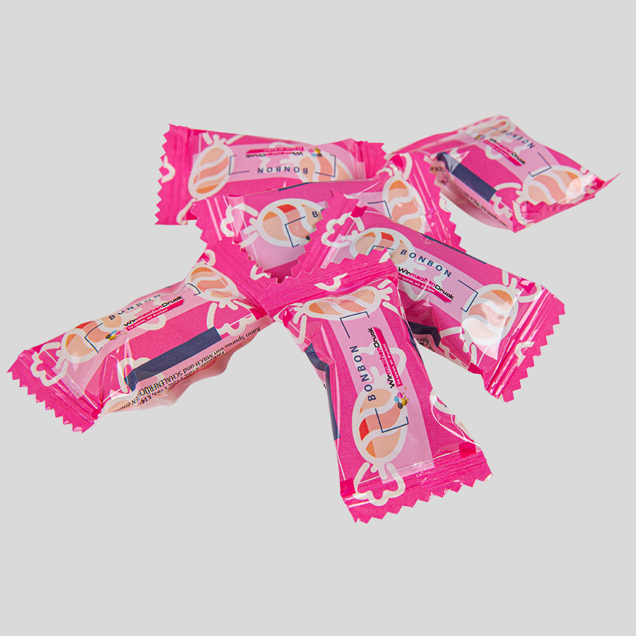 Auswahl von Fruchtbonbons im Flowpack, Verpackung vollfarbig und beidseitig mit Wunschdesign bedruckt