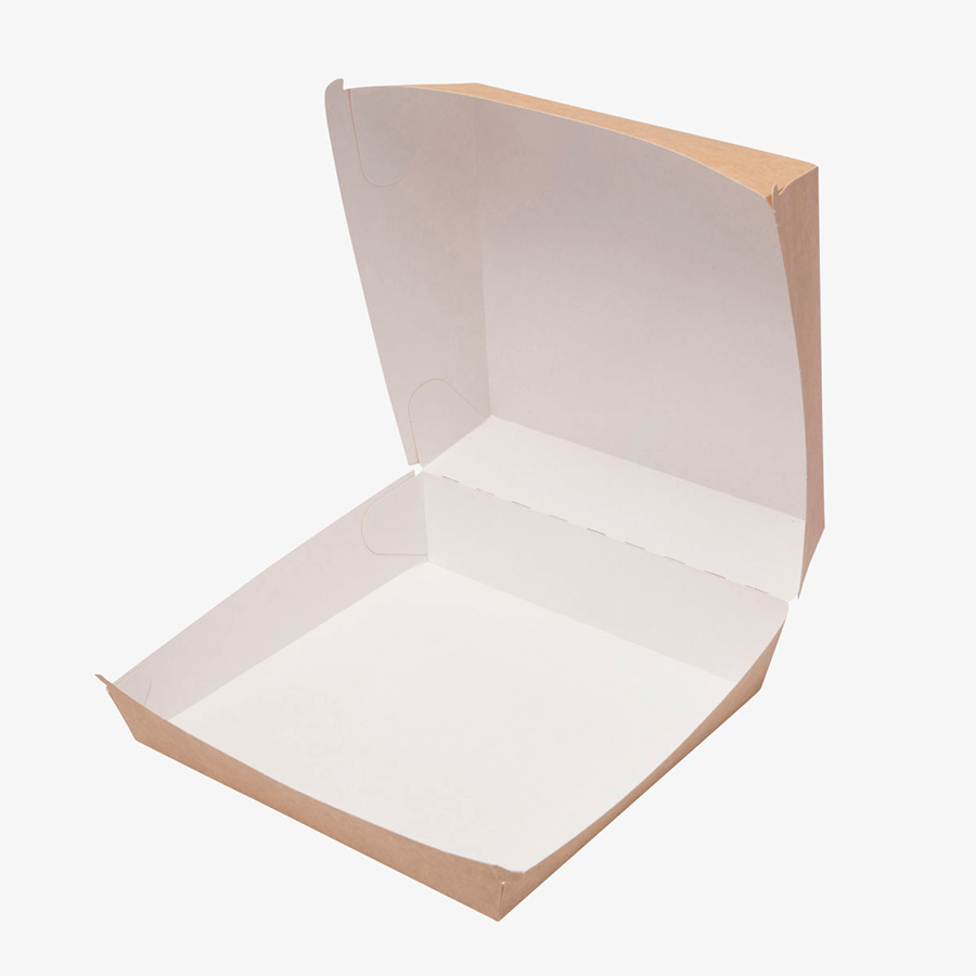Aufgeklappte Burgerbox (145 x 145 x 80 mm), außen naturbraun und innen weiß
